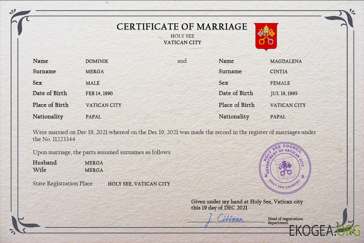 Modèle PSD de certificat de mariage du Saint Siège